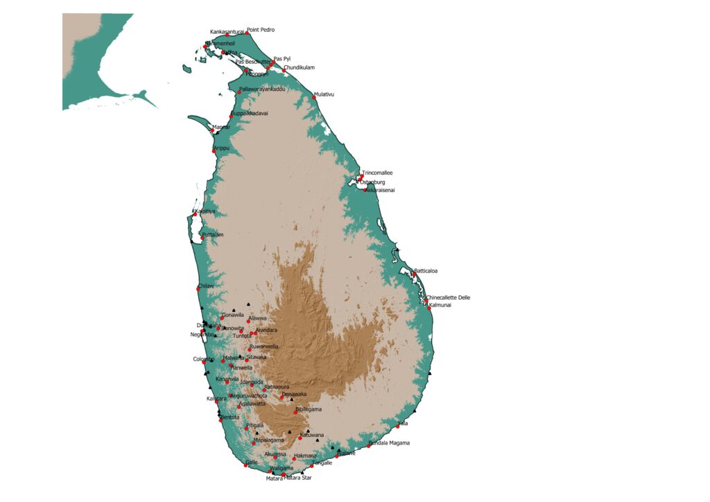 Distribution of the Dutch fortifications of Sri Lanka. Red are the sites categorized as forts (classified above as Main and Secondary forts), Black triangles are the Non-permanent watch-posts.