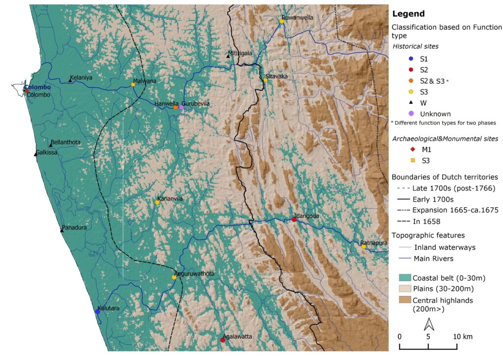 Distribution of all inventoried Dutch fortification sites â€“ Western Sri Lanka around Kelani Ganga and Kalu Ganga river basins (Mendis, 2020)