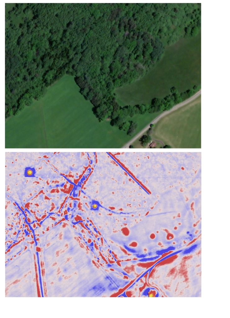 Comparison of same location between Google Satellite image and Simple Local Relief Model (SLRM) visualization Comparison of same location between Google Satellite image and Simple Local Relief Model (SLRM) visualization